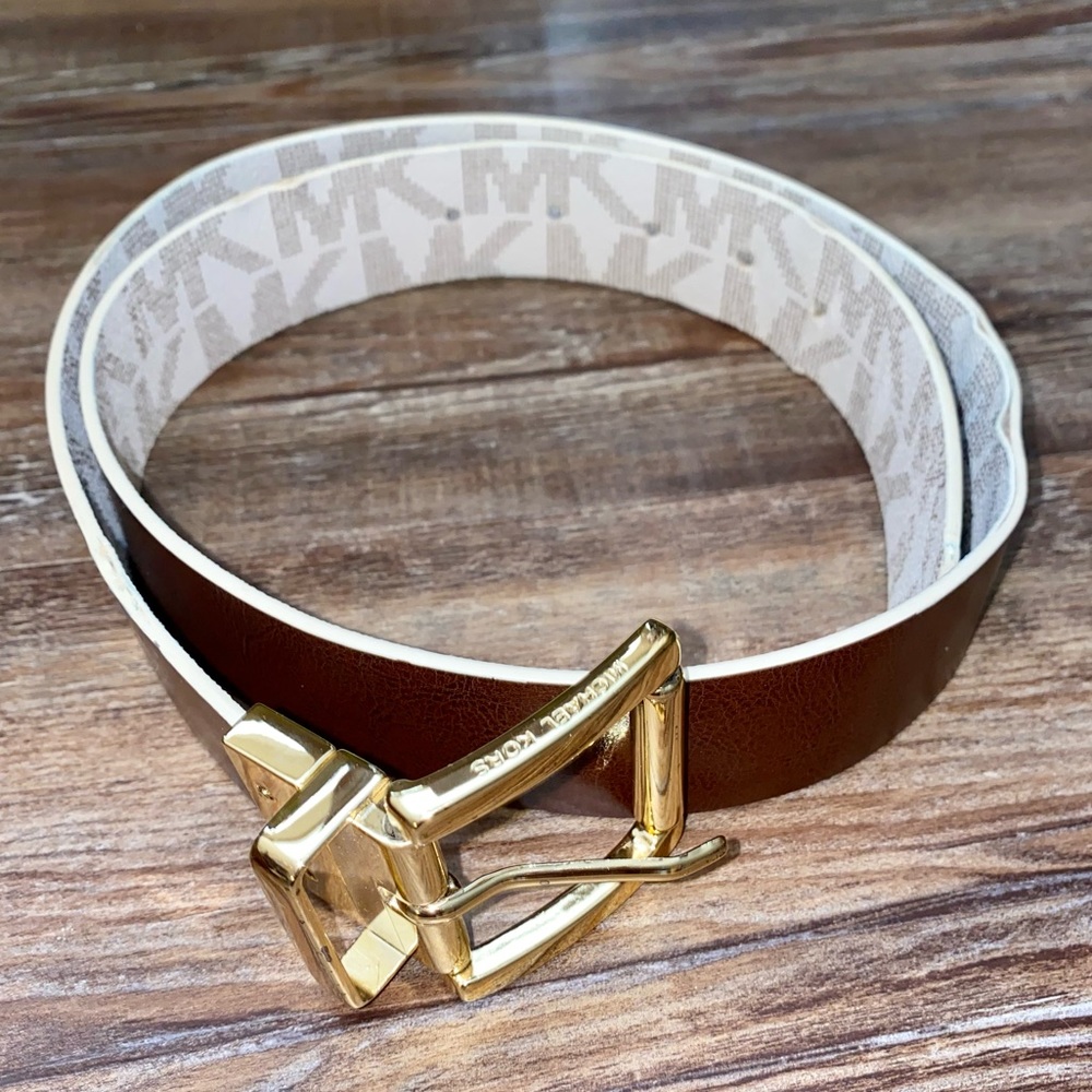MK MICHAEL KORS SOLID BROWN/LOGO BELT GOLD 40” REVERSIBLE METAL TURN BUCKLE